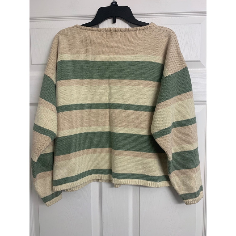 Vintage April Cornell Embroidered Striped Heart Cardigan Sweater Green Tan M/L - Picture 3 of 9